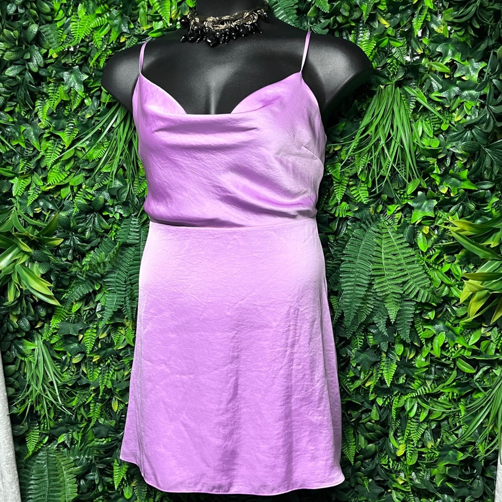 Sunday Best‎ Dress XL Purple Lavender Satin Cowl Neck Smocked Mini Cocktail 3933